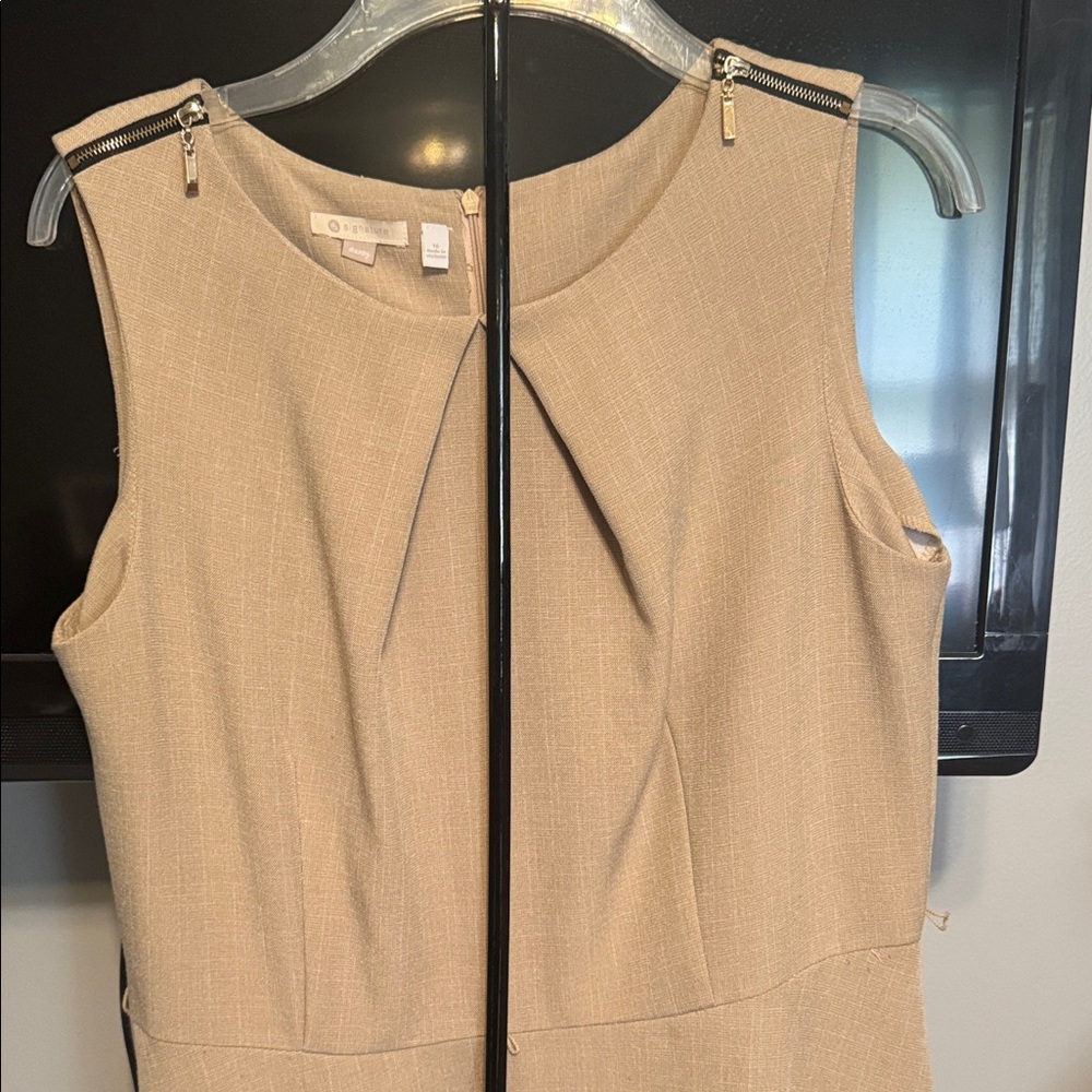 Signature Sleeveless Tan Midi Dress with Gold Zipper Accents
